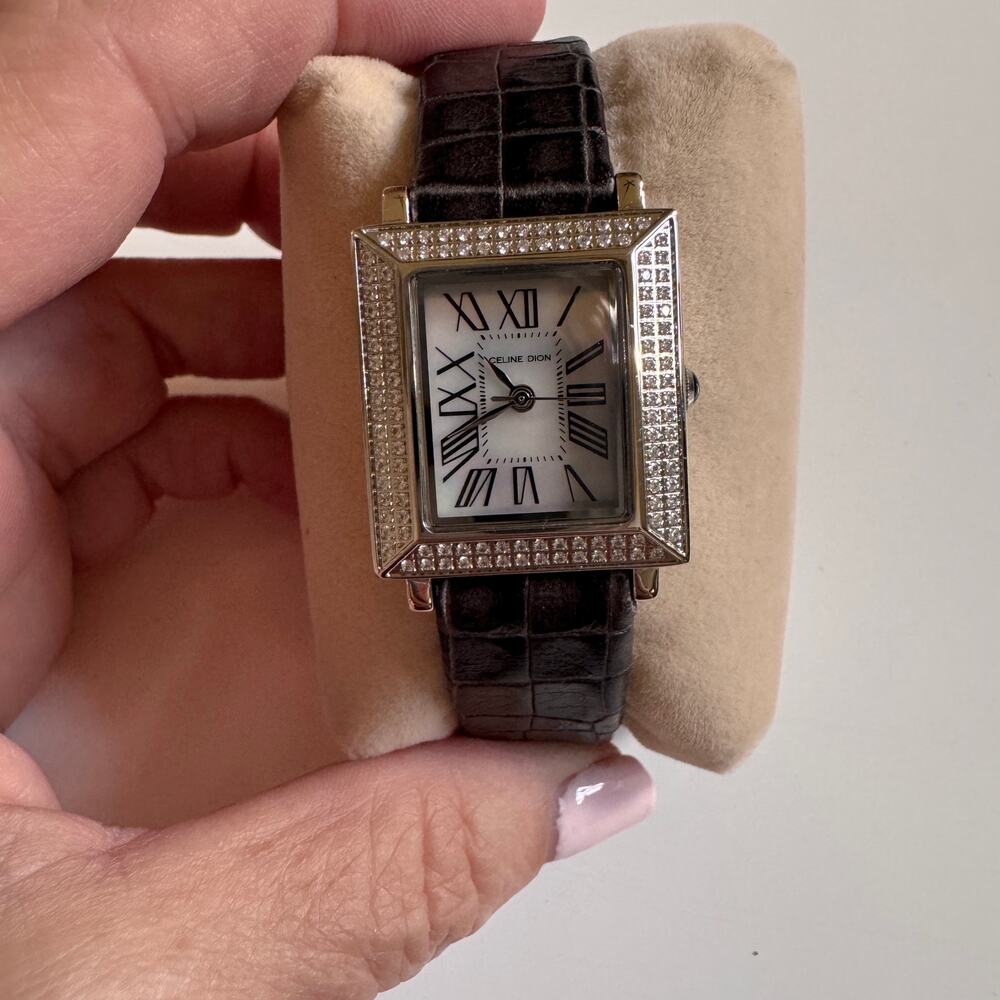 CELINE DION Tank Style Crystal Pave Stainless Steel Case Brown Band Wristwatch